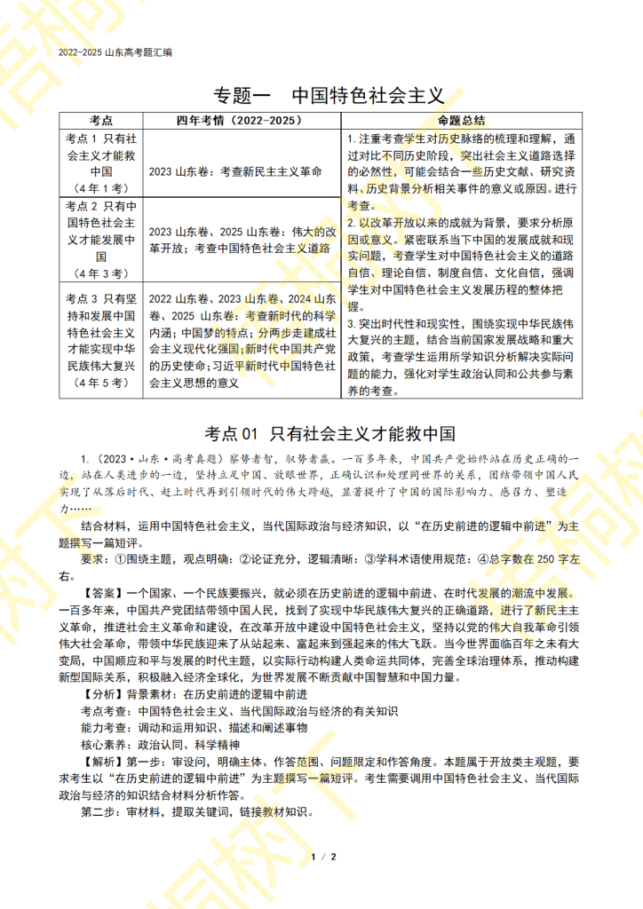 2022-2025山东高考题汇编：中国特色社会主义-梧桐树下